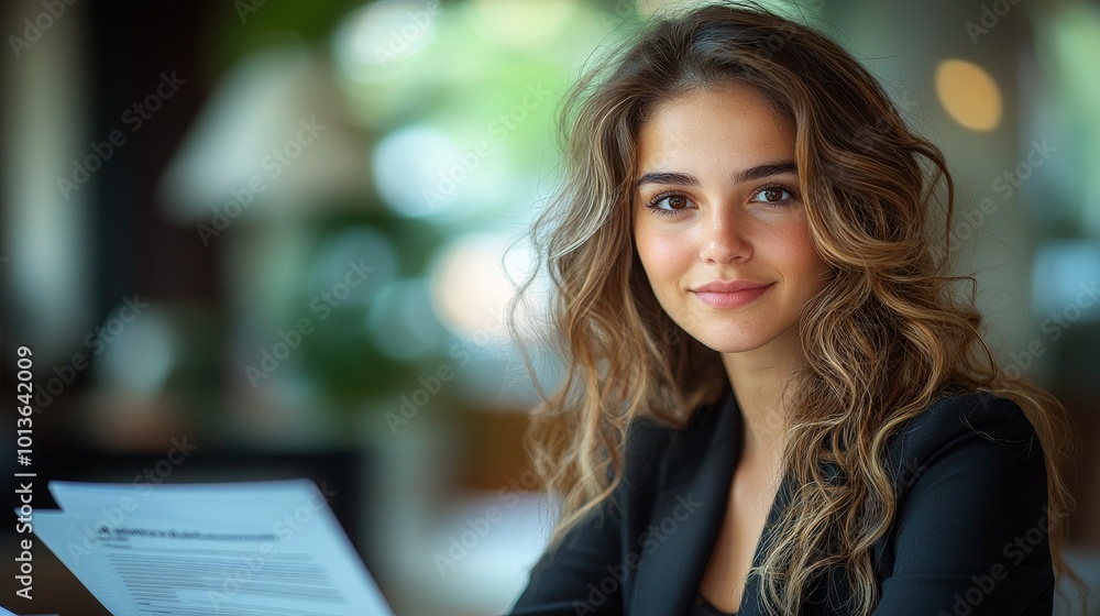 A young woman with wavy hair sitting at a table, reviewing documents with a smile. A young woman with wavy hair sitting at a table, reviewing documents with a smile.