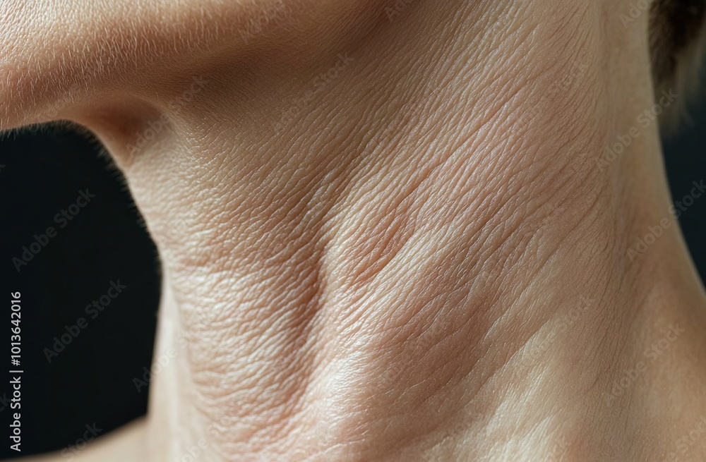 Close-up of the neck area, showing dry skin with fine lines and wrinkles around the collarbone area Close-up of the neck area, showing dry skin with fine lines and wrinkles around the collarbone area
