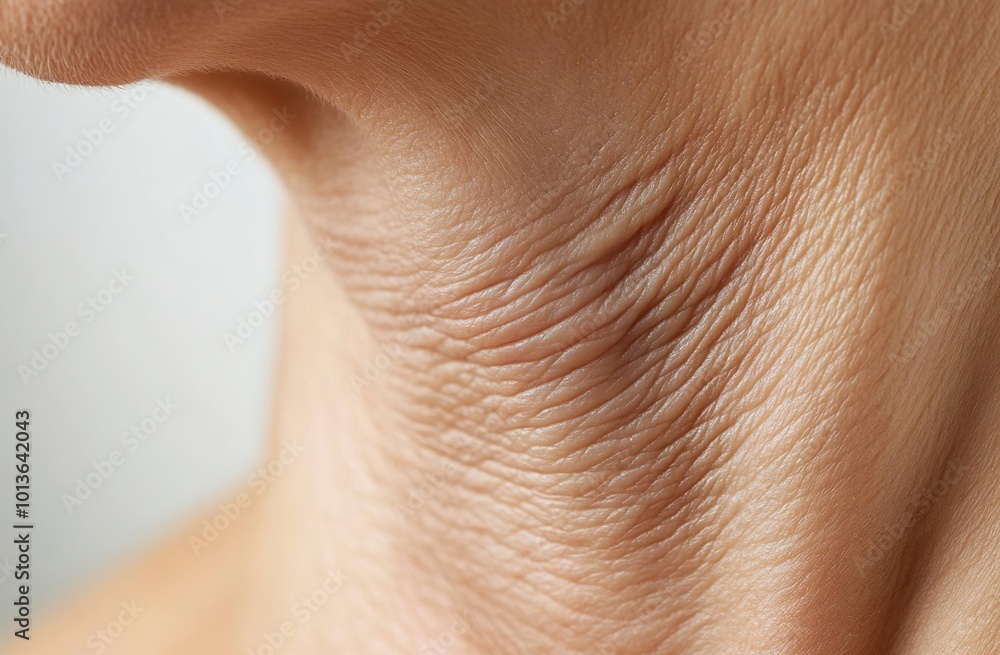 Fototapeta premium Close-up of the neck area, showing dry skin with fine lines and wrinkles around the collarbone area