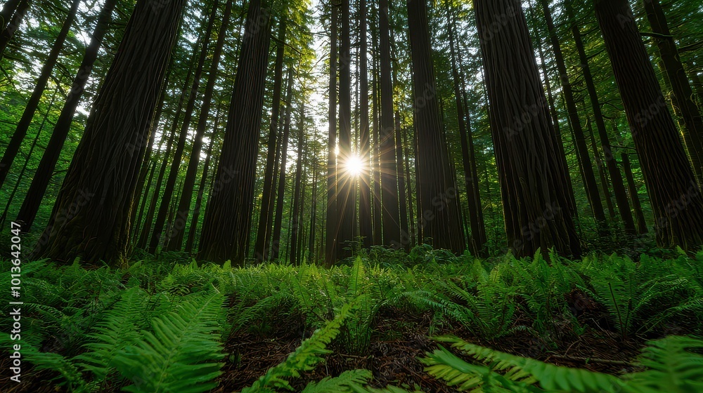 A serene forest scene featuring tall trees with sunlight streaming through, illuminating lush green ferns on the forest floor. A serene forest scene featuring tall trees with sunlight streaming through, illuminating lush green ferns on the forest floor.