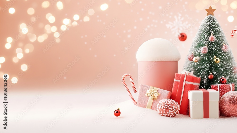 Festive Christmas scene with red ornaments, candy canes, wrapped gifts, and a snow globe, placed next to a snow-covered Christmas tree. Soft, glowing bokeh lights fill the light background. Festive Christmas scene with red ornaments, candy canes, wrapped gifts, and a snow globe, placed next to a snow-covered Christmas tree. Soft, glowing bokeh lights fill the light background.