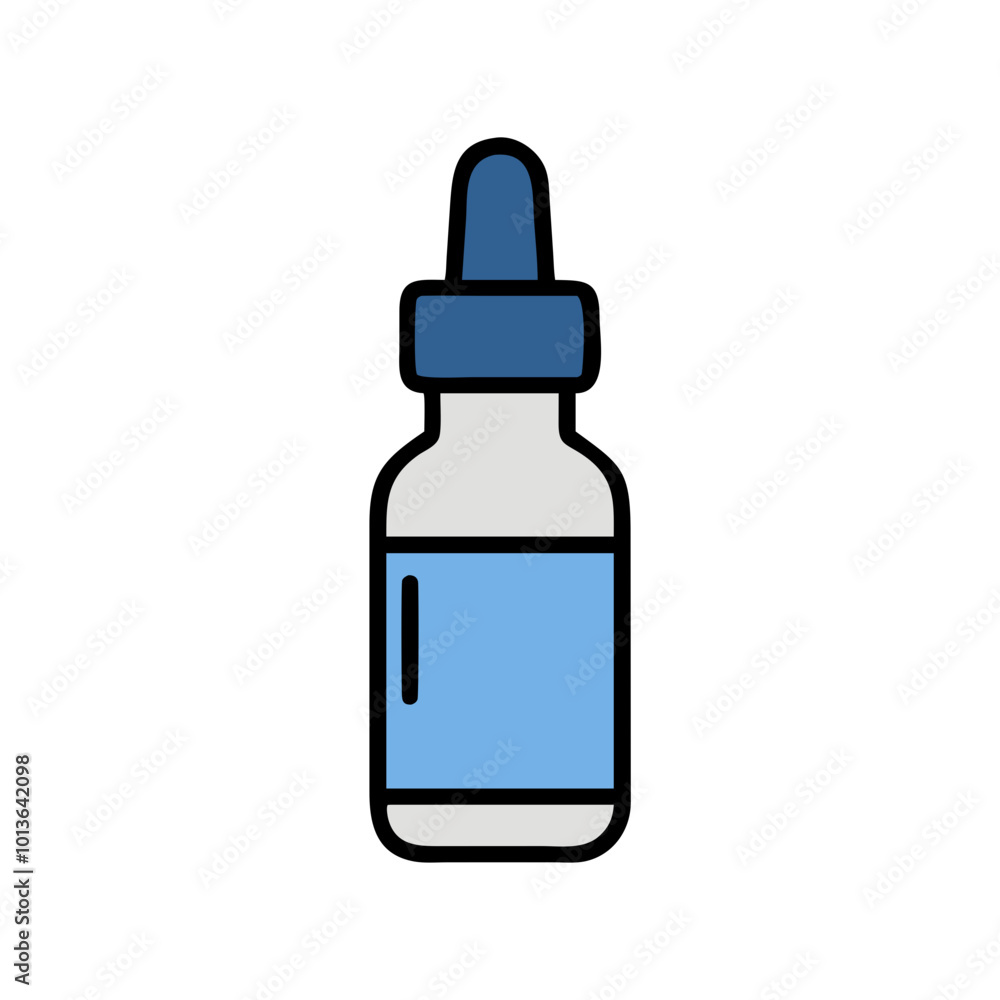 Dropper bottle with blue label in black outline vector style. Dropper bottle with blue label in black outline vector style.