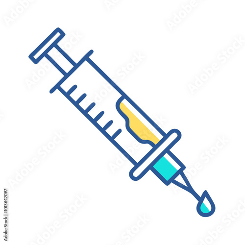 Syringe with liquid and drop icon in blue outline vector style.