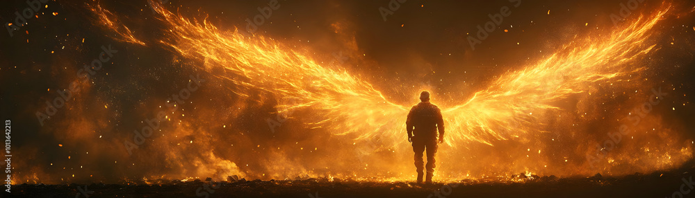Fototapeta premium Glowing silhouette of a soldier with abstract background concept as A powerful advertisement featuring the glowing silhouette of a soldier standing against an abstract colorful background. The digital
