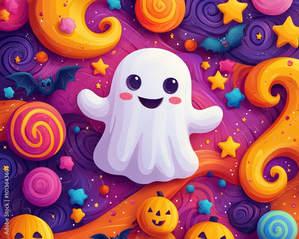Obraz premium Friendly Ghost Surrounded by Colorful Candy and Stars