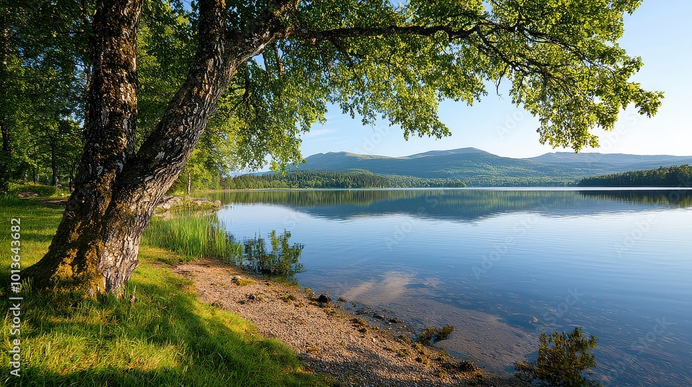 A tranquil lakeside scene featuring lush greenery, a sturdy tree, and serene water reflecting the surrounding mountains under a clear blue sky. A tranquil lakeside scene featuring lush greenery, a sturdy tree, and serene water reflecting the surrounding mountains under a clear blue sky.