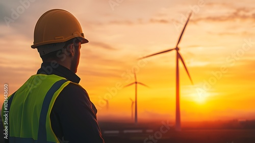 A worker in safety gear watches the sunset over wind turbines, symbolizing sustainable energy and environmental progress.