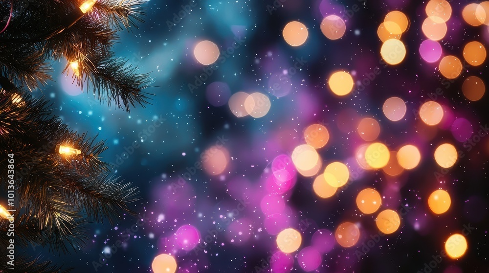 Naklejka premium A festive background featuring colorful bokeh lights, blending blues, purples, and golds, evoking a warm, magical holiday atmosphere.