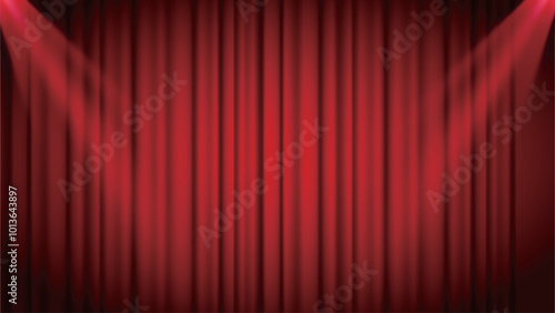Red curtains realistic. Theater fabric silk decoration for movie cinema or opera hall. Curtains and draperies interior decoration object.