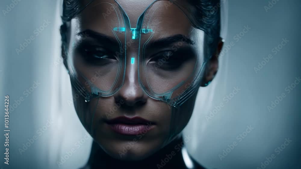 Close-up of a female cyborg with glowing technology elements. Close-up of a female cyborg with glowing technology elements.