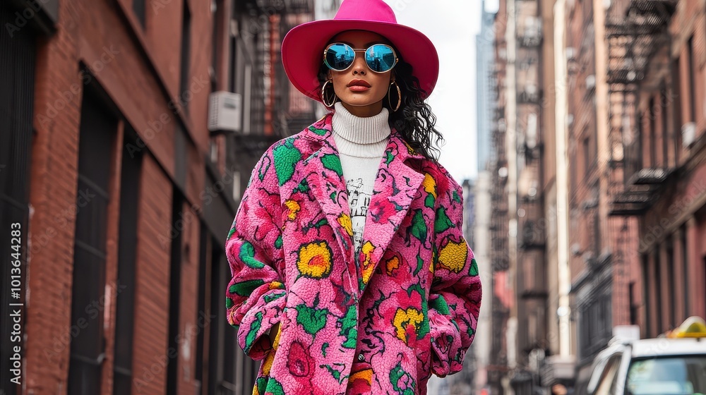 A stylish individual walks confidently in a vibrant floral coat, pink hat, and sunglasses amidst a city street backdrop. A stylish individual walks confidently in a vibrant floral coat, pink hat, and sunglasses amidst a city street backdrop.