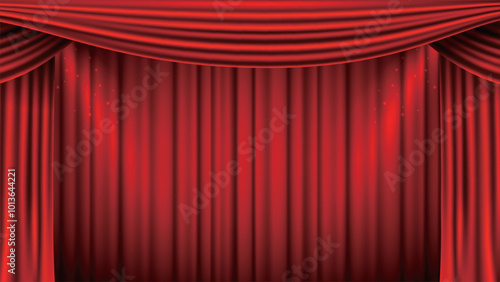 Red curtains realistic. Theater fabric silk decoration for movie cinema or opera hall. Curtains and draperies interior decoration object.