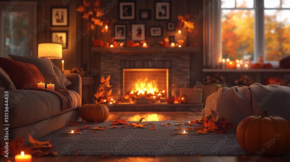 Obraz premium Cozy Autumn Living Room with Warm Fireplace Ambiance