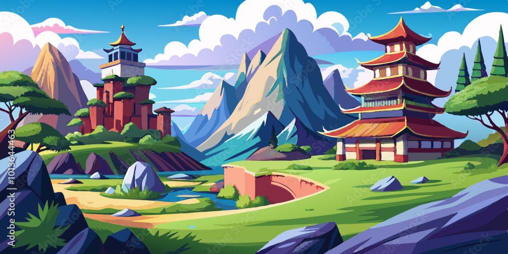 Fototapeta premium アニメ風の木と山のある日本の風景