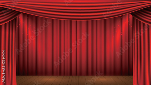 Red curtains realistic. Theater fabric silk decoration for movie cinema or opera hall. Curtains and draperies interior decoration object.