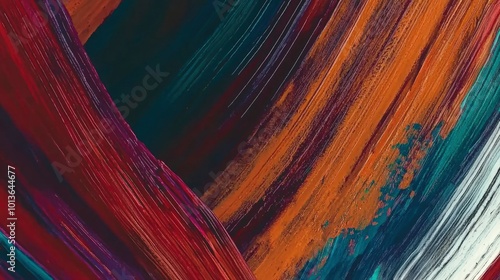 Abstract painting with layered brushstrokes of red, orange, and teal photo