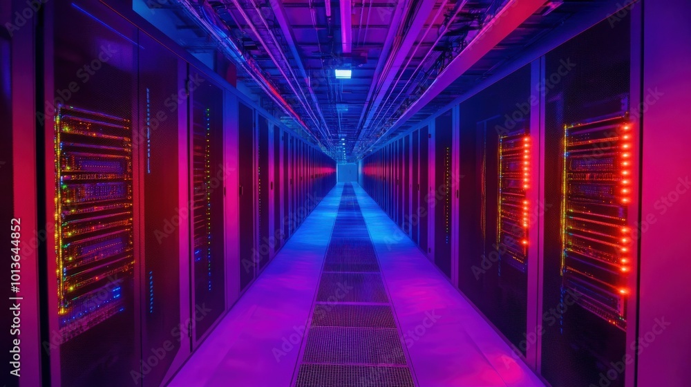 A captivating view captures a working data center corridor, emphasizing the high-tech environment filled with powerful servers and dynamic internet visualizations on display
