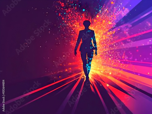 Flat Glowing abstract soldier silhouette marching with light beams concept as A powerful advertisement featuring a glowing abstract silhouette of a soldier marching forward with beams of light radiati