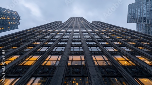 Wallpaper Mural A towering skyscraper rises into a cloudy sky, showcasing illuminated windows and a modern architectural design. Torontodigital.ca
