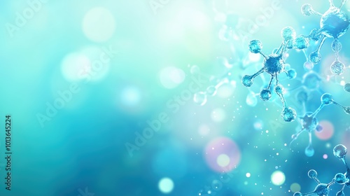 Blurry Antibodies with Depth of Field on an Abstract Gradient Background of Sky Blue and Lime Green, Featuring Realistic Details and a Halo Effect.