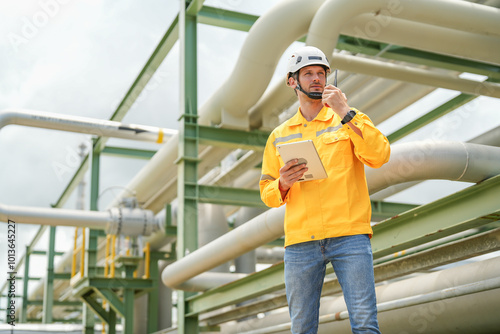 portrait oil refinery worker wears safety and harthat using walkie talkie communicate to teamwork photo