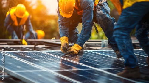 Solar Panel Installation by Construction Workers at Industrial Site