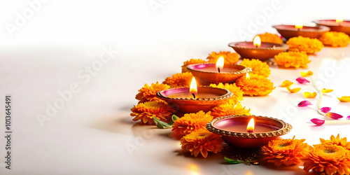 Flat Glossy Diwali diyas placed along a pathway with glowing flower petals scattered around creating a serene and festive background concept as A serene background image featuring glossy Diwali diyas  photo