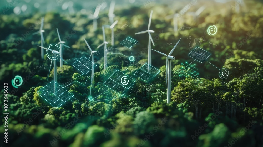 Fototapeta premium Wind Turbines in Green Countryside Landscape Showcasing Renewable Energy Technology