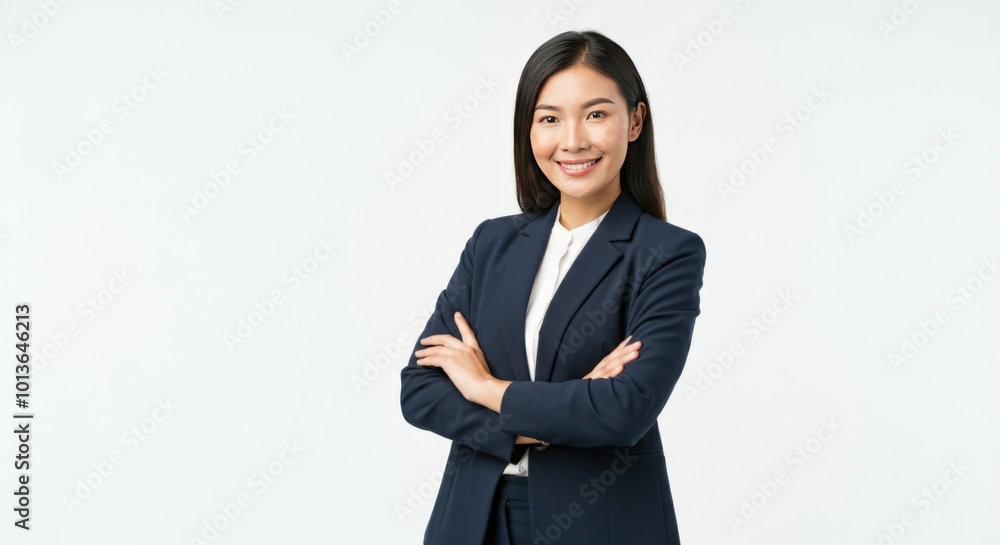 Smiling Businesswoman In A Navy Suit With Arms Crossed Smiling Businesswoman In A Navy Suit With Arms Crossed