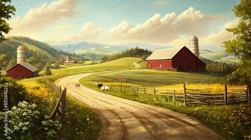 Rural Landscape with Red Barn, Winding Road, and Cows