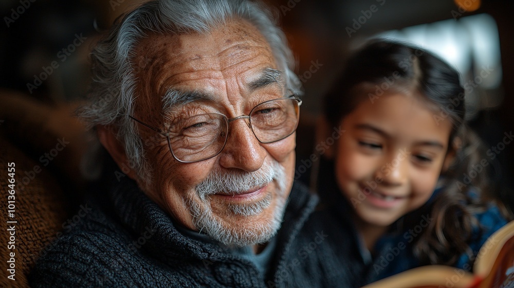 An elderly man smiles while reading with a young girl, showcasing a moment of connection. An elderly man smiles while reading with a young girl, showcasing a moment of connection.