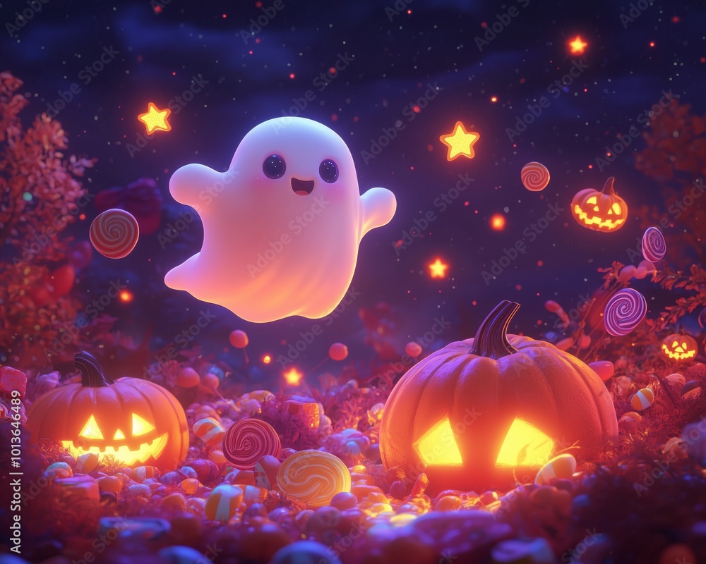 Cheerful Ghost Flying Above Pumpkin Patch at Night Cheerful Ghost Flying Above Pumpkin Patch at Night