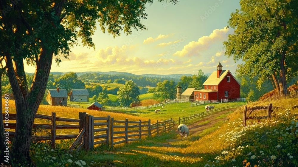 Rural Farm Scene with Red Barn and Fences Rural Farm Scene with Red Barn and Fences