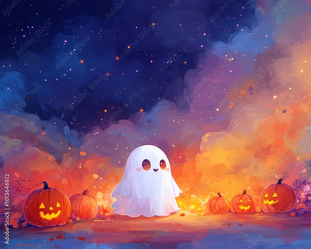 Cute Ghost in Halloween Costume Surrounded by Pumpkins Cute Ghost in Halloween Costume Surrounded by Pumpkins