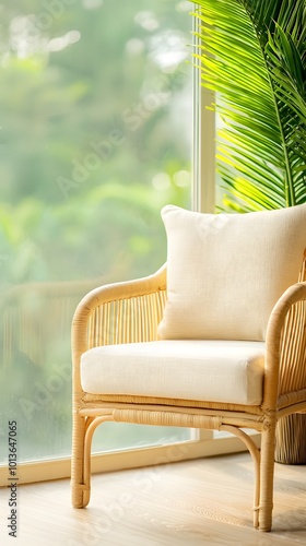 A cozy rattan chair with a soft cushion, positioned by a bright window, surrounded by greenery for a serene, peaceful ambiance.