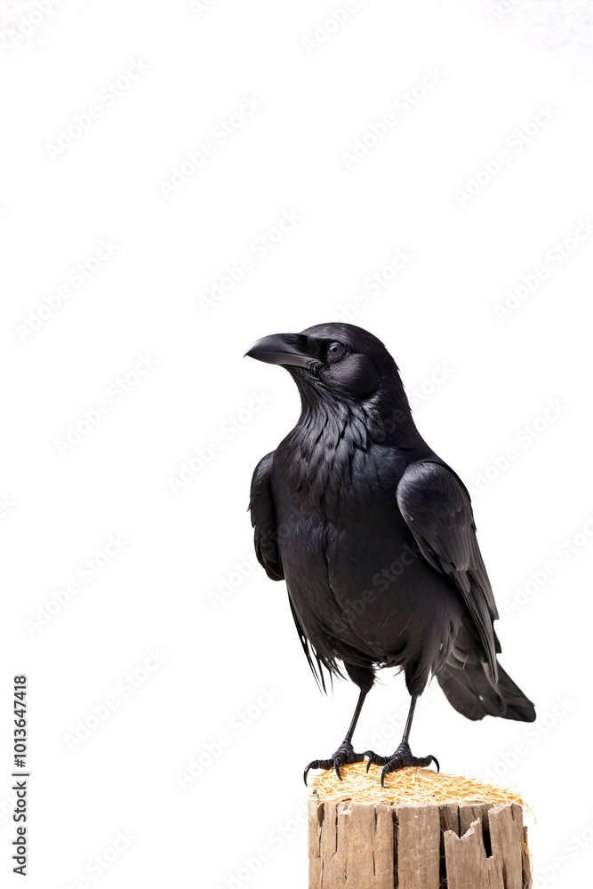 Fototapeta premium isolated crow on timber with white background.