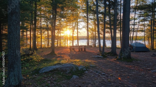 Camping on the shore of a lake at sunrise in autumn.