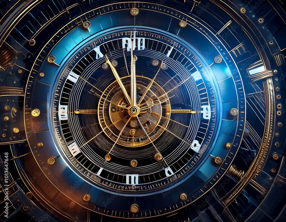 Abstract clock dials and futuristic elements blend in a visual representation of space, time, and modern technologies. Abstract clock dials and futuristic elements blend in a visual representation of space, time, and modern technologies.