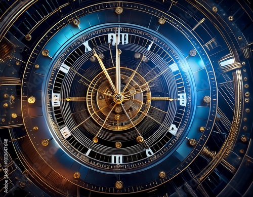 Abstract clock dials and futuristic elements blend in a visual representation of space, time, and modern technologies.