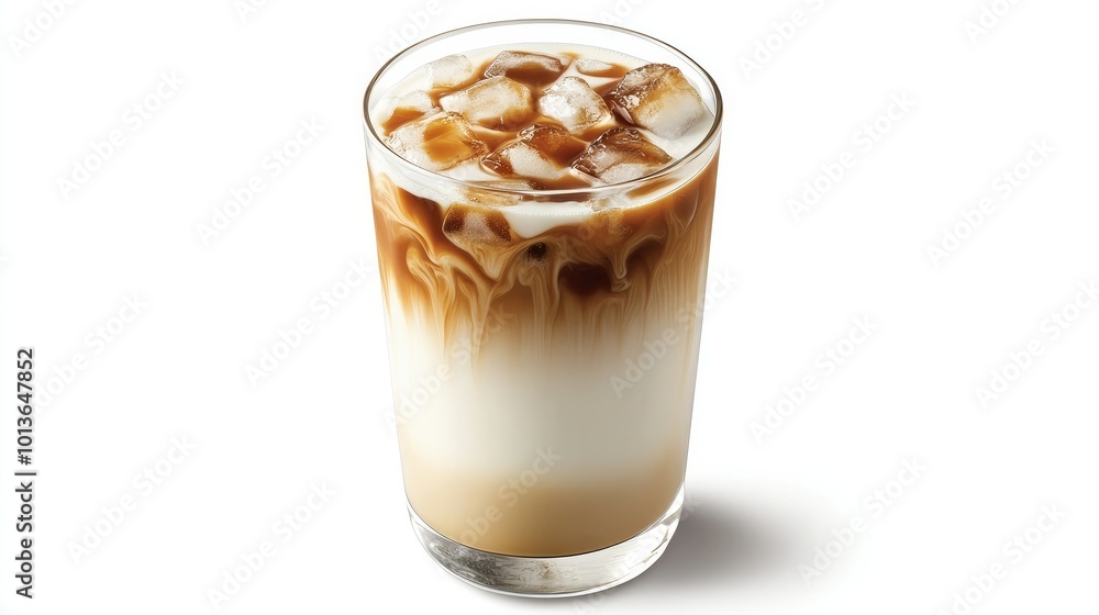 A perfectly crafted iced latte with ice cubes floating in creamy milk and coffee layers, set on a bright white backdrop. A perfectly crafted iced latte with ice cubes floating in creamy milk and coffee layers, set on a bright white backdrop.