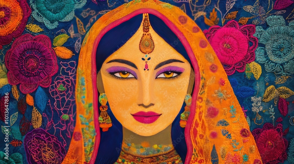 South Asian fabric art with bold embroidery, no people, and copy space available for captions. South Asian fabric art with bold embroidery, no people, and copy space available for captions.