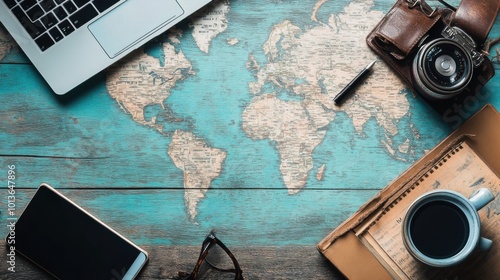 Overhead view of travel accessories on wooden background with world map.