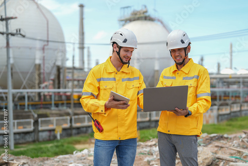 portrait young diverse engineer in hardhat using laptop computer for discussion while inspection in oil refinery industry
