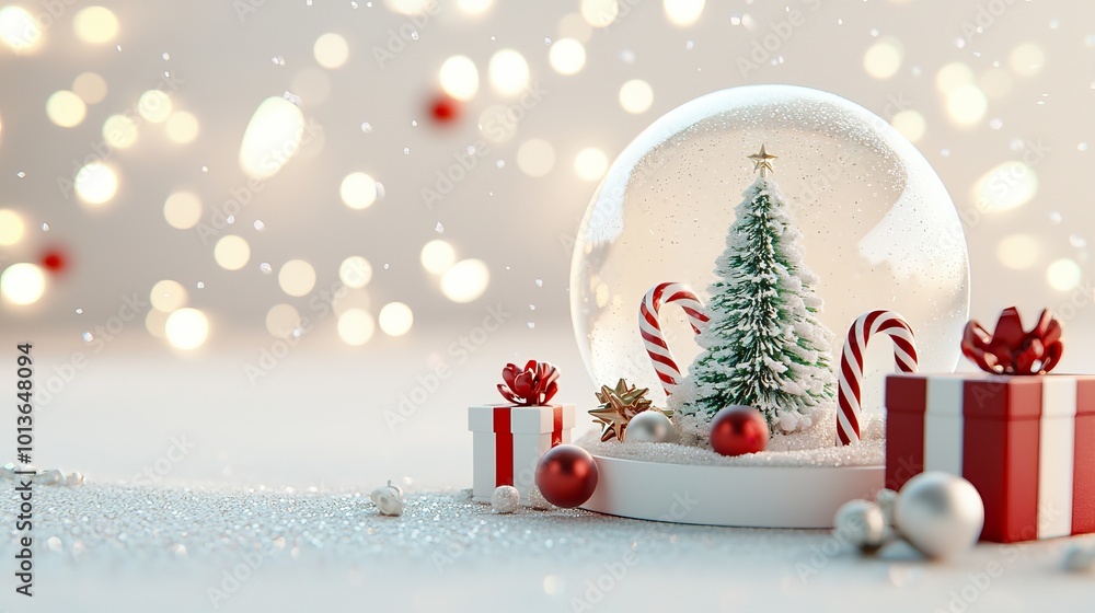 Festive Christmas scene with red ornaments, candy canes, wrapped gifts, and a snow globe, placed next to a snow-covered Christmas tree. Soft, glowing bokeh lights fill the light background. Festive Christmas scene with red ornaments, candy canes, wrapped gifts, and a snow globe, placed next to a snow-covered Christmas tree. Soft, glowing bokeh lights fill the light background.