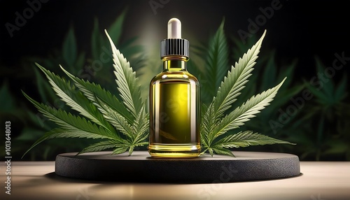 Cannabis oil takes center stage in a display of luxury, showcased in a glass bottle and adorned with green leaves on a stand. photo