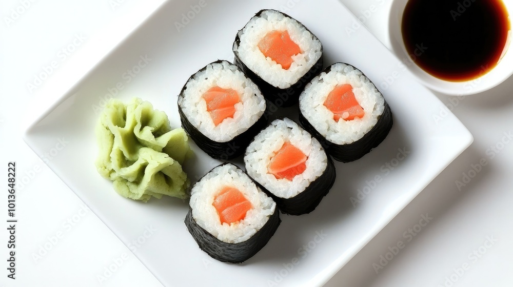 A plate of sushi rolls arranged neatly, with wasabi and soy sauce on the side, all set against a white background for a minimal aesthetic. A plate of sushi rolls arranged neatly, with wasabi and soy sauce on the side, all set against a white background for a minimal aesthetic.