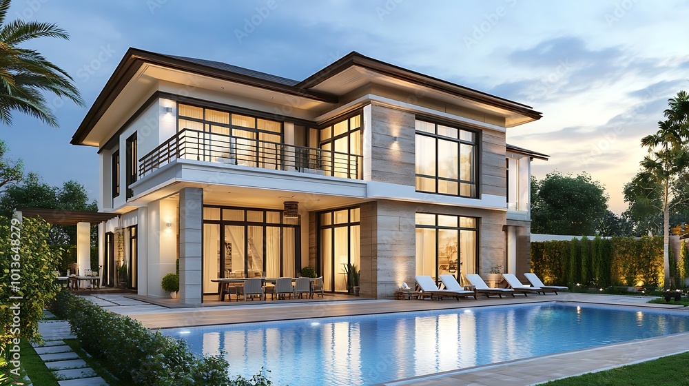 Fototapeta premium A large, modern house with a pool and lush landscaping.