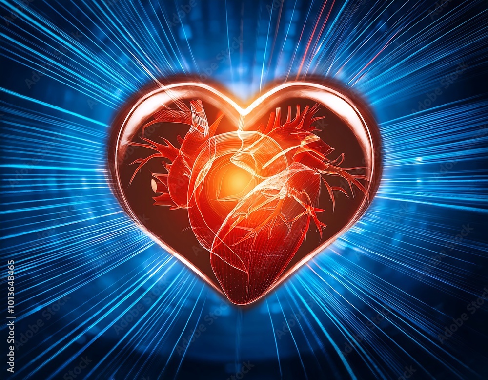 Close-up of glowing red heart disease icon on high-tech blue orange light lines background. Close-up of glowing red heart disease icon on high-tech blue orange light lines background.