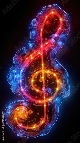 Music key neon colors on black background. Music notes abstract. blue,orange various colors neon Music notes