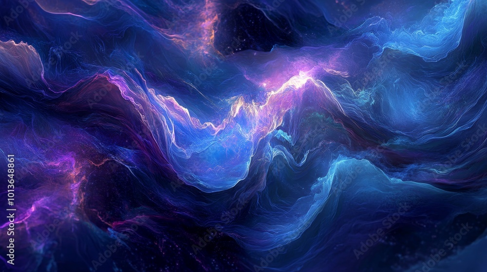 Fototapeta premium Glowing Abstract Waves, vibrant blue and purple hues, high contrast, dynamic digital art composition, fluid forms and luminous edges